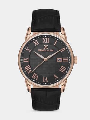 Daniel Klein Rose Plated Black Dial Black Leather Watch