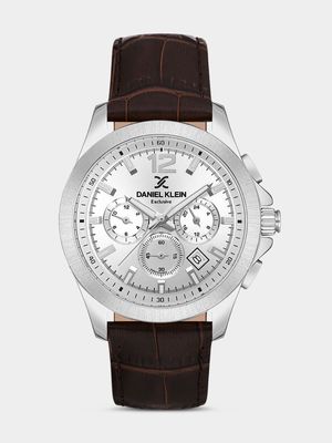 Daniel Klein Silver Plated Brown Leather Chronographic Watch