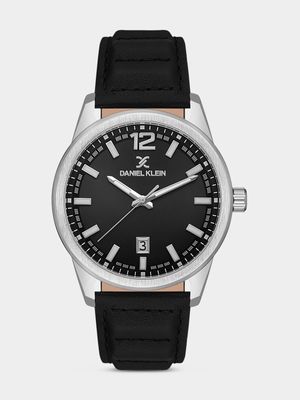 Daniel Klein Silver Plated Black Dial Black Leather Watch