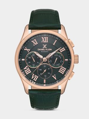 Daniel Klein Rose Plated Green Leather Chronographic Watch