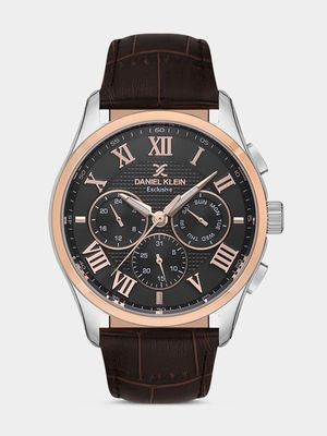 Daniel Klein Silver & Rose Plated Brown Leather Chronographic Watch