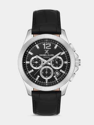 Daniel Klein Silver Plated Black Leather Chronographic Watch