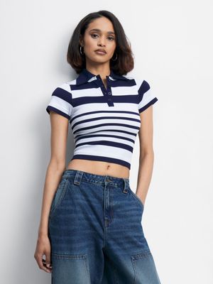 Women's Navy & White Stripe Seamless Johnny Collar Top With Buttons