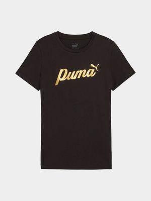 Girls Puma Ess+ Script Metallic Black/Gold Tee