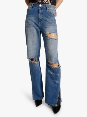 Women's One Teaspoon Blue Mid Rise Straight Leg Jeans