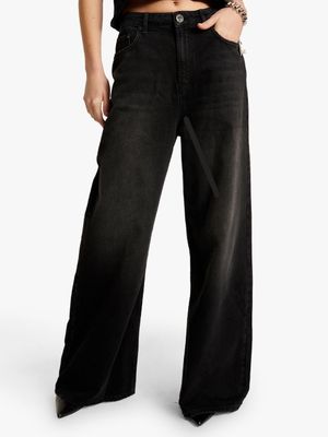 Women's One Teaspoon Black Mid Rise Wide Leg Denim Jeans