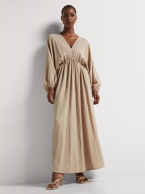 Textured Balloon Sleeve Tunic Maxi Dress