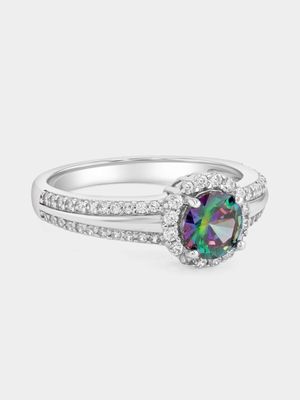 Sterling Silver Mystic Topaz Cubic Zirconia Round Halo Ring