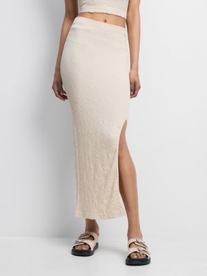 Women's Natural Crochet Co-ord Midi Skirt