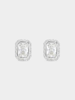 Sterling Silver Cubic Zirconia Emerald-Cut Halo Stud Earrings