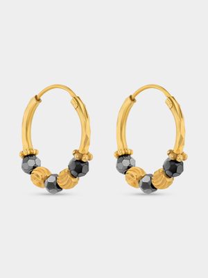 Yellow Gold Black Facet Bead Wari Hoop Earrings