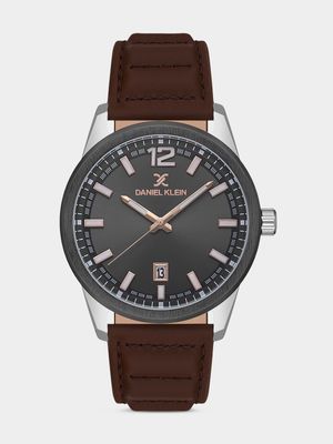 Daniel Klein Silver Plated Grey Dial Brown Leather Watch