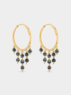 Yellow Gold Black Bead Wari Hoop Earring