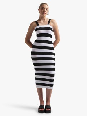 Women's Black & White Stripes Square Neck Dress