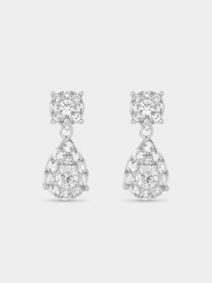 Sterling Silver White Sapphire Pear Cluster Drop Earrings