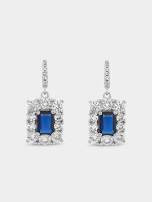 Sterling Silver Blue Spinel & White Sapphire Rectangle Halo Drop Earrings