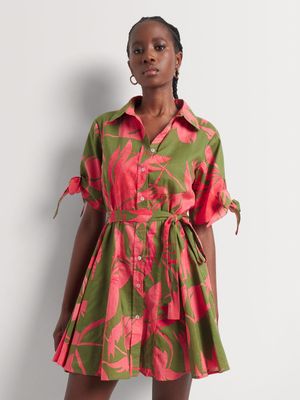 Flared Hem Leaf Print Shirt Dress