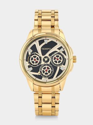 Tempo Gold Plated Black Wheel Dial Bracelet Watch