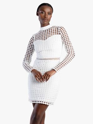 Women's Sissy Boy White High Neck Crochet Dress