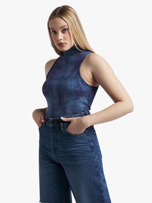 Women's Blue Dyed Co-Ord Turtle Neck Fitted Top