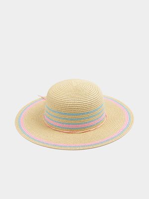 Girl's Natural Pink & Blue Straw Sun Hat