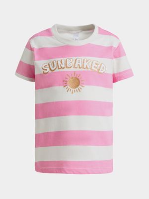 Younger Girl's Pink Striped Graphic Print T-Shirt