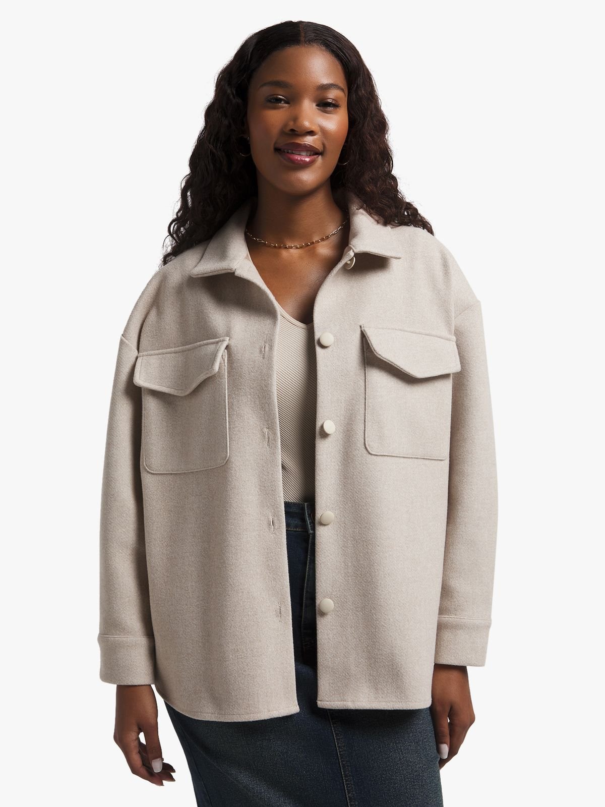 Women's Light Cream Melange Melton Shacket - Bash.com