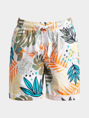 Younger Boy's White Foliage Print Poplin Shorts