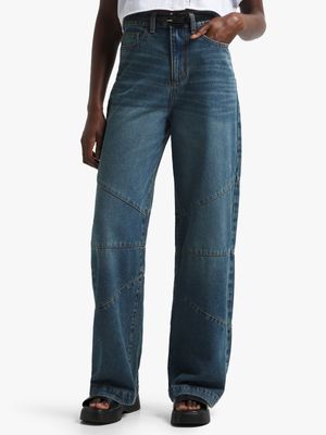 Women's Medium Wash Panel Wide Leg Jeans