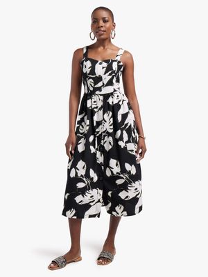 Women's Black Foliage Strappy Dress