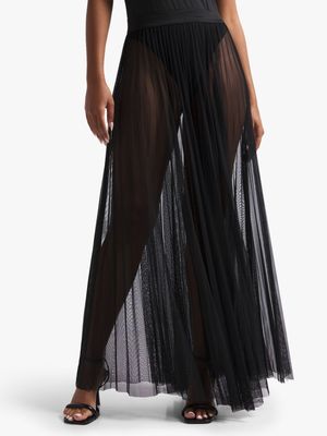 Women's Black Mesh Pleated Maxi Skirt