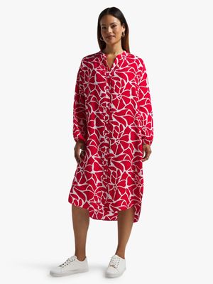 Women's Red & White Abstract Print Shirt Dress