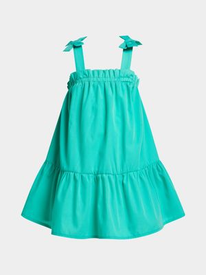 Younger Girl's Green Tiered Bow Dress