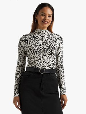 Women's Black & White Animal Print Turtleneck Top