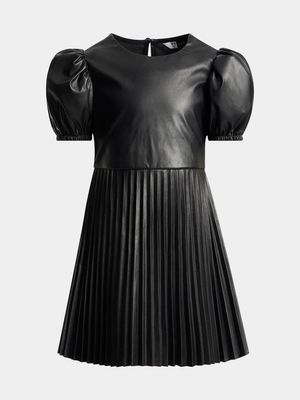 Younger Girls Pleather Puff Sleeve Pleated Dress