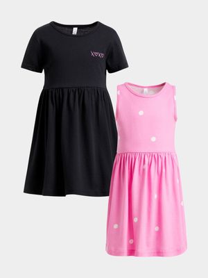 Younger Girl's Black & Pink Spot 2-Pack Dresses