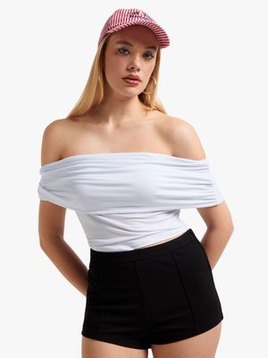 Women's White Bardot Top With Gauged Sides