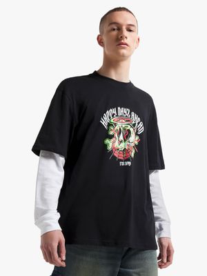 Men's Black Double Sleeve Skull Graphic Top