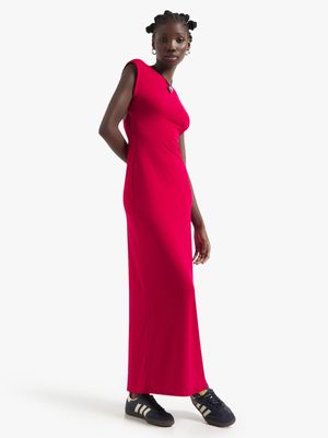 Women's Red Slinky Knit Open Back Maxi Dress