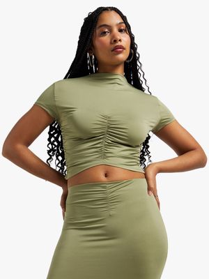 Women's Green Co-Ord Top With Front Ruch