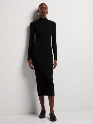 Ribbed Knit Long Sleeve Highneck Column Dress