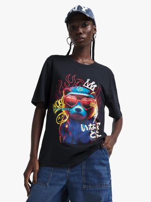 Women's Black Fiyah Teddy Graphic Top