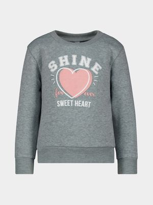 Younger Girl's Grey Melange Graphic Print Sweat Top