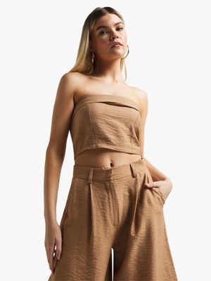 Women's Mocha Linen Fold Over Bandeau Top