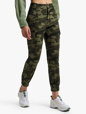 Women's Green Camo Utility Pants With Elastic Band