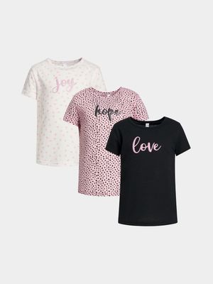 Younger Girl's White, Pink & Black 3-Pack T-Shirts