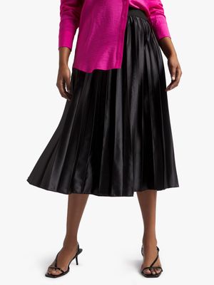 Women's Black Satin Pleated Skirt