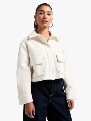 Women's White Melton Crop Shacket