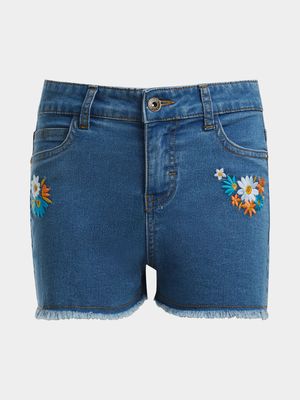 Younger Girl's Mid Wash Embroidered Denim Shorts