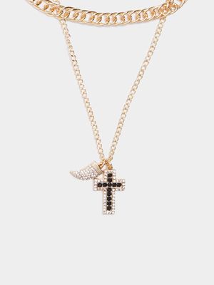 Men's Markham Crystal Cross and Tusk Gold Necklace Set